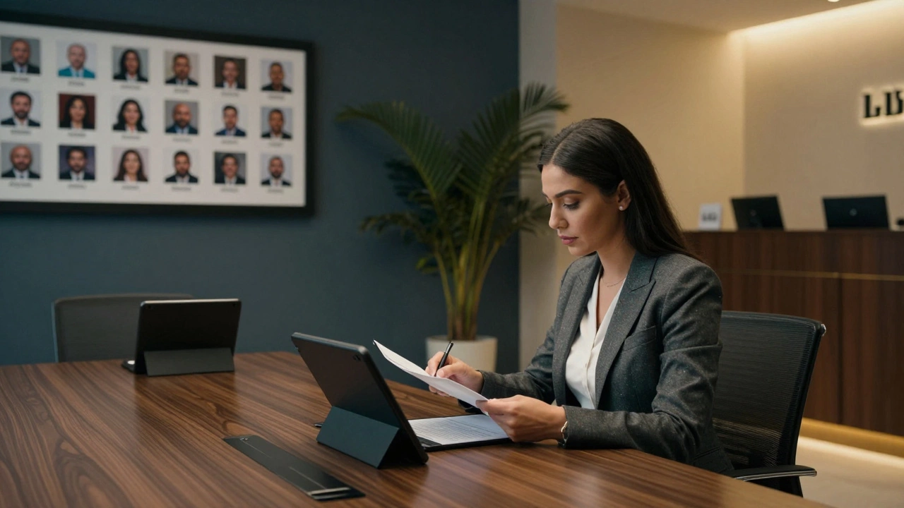 A professional agency office in Dubai with encrypted devices and confidential documents.