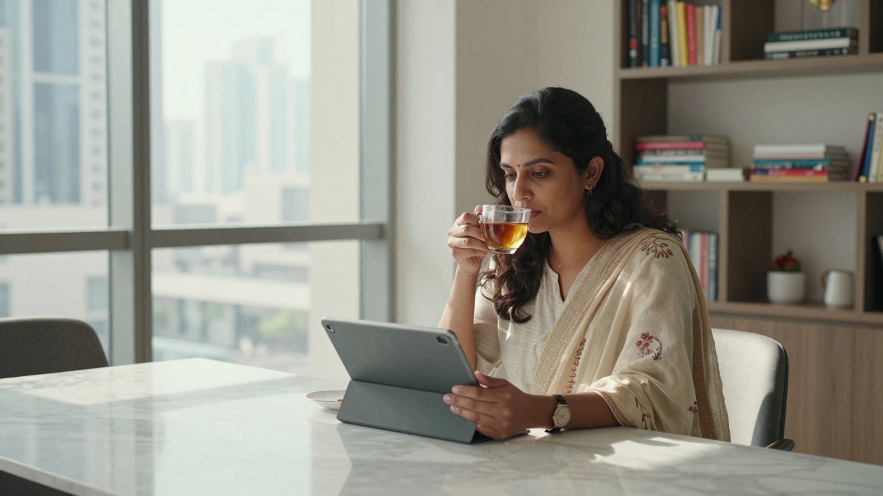 A woman from Kerala reviews her fashion portfolio in a sunlit Dubai apartment.