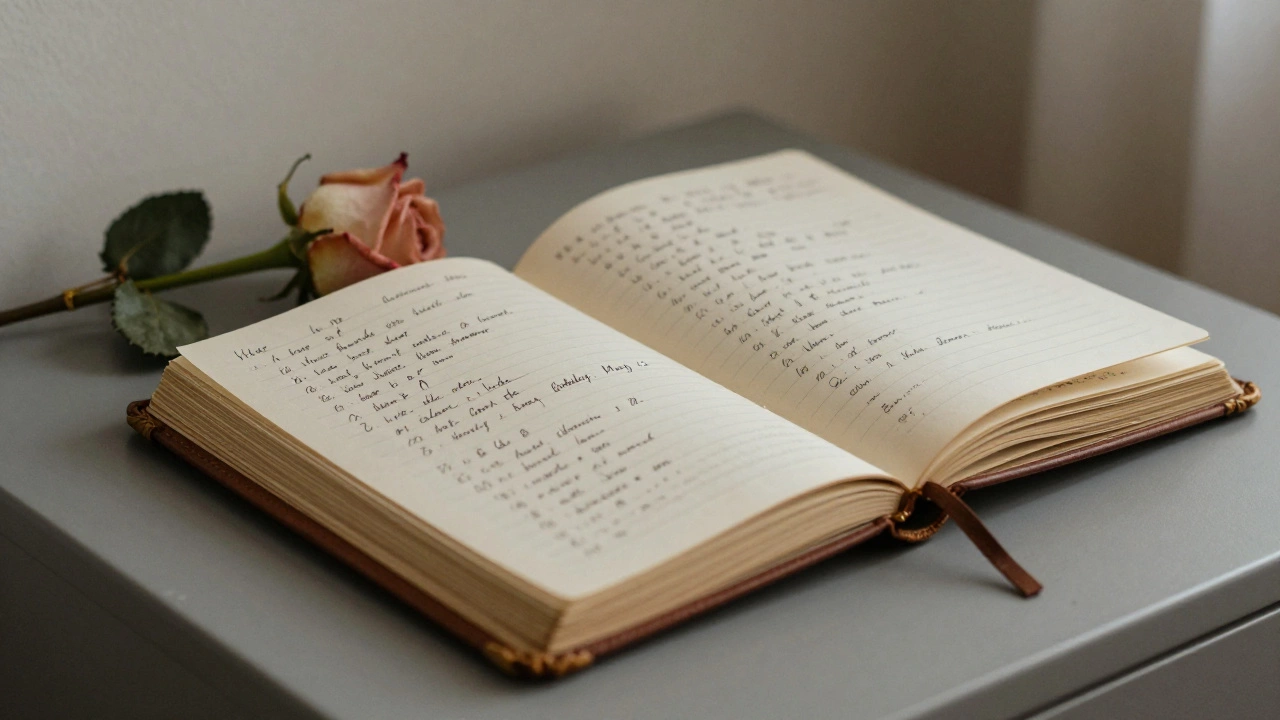 An open leather journal with personal handwritten notes and a single wilted rose resting beside it.